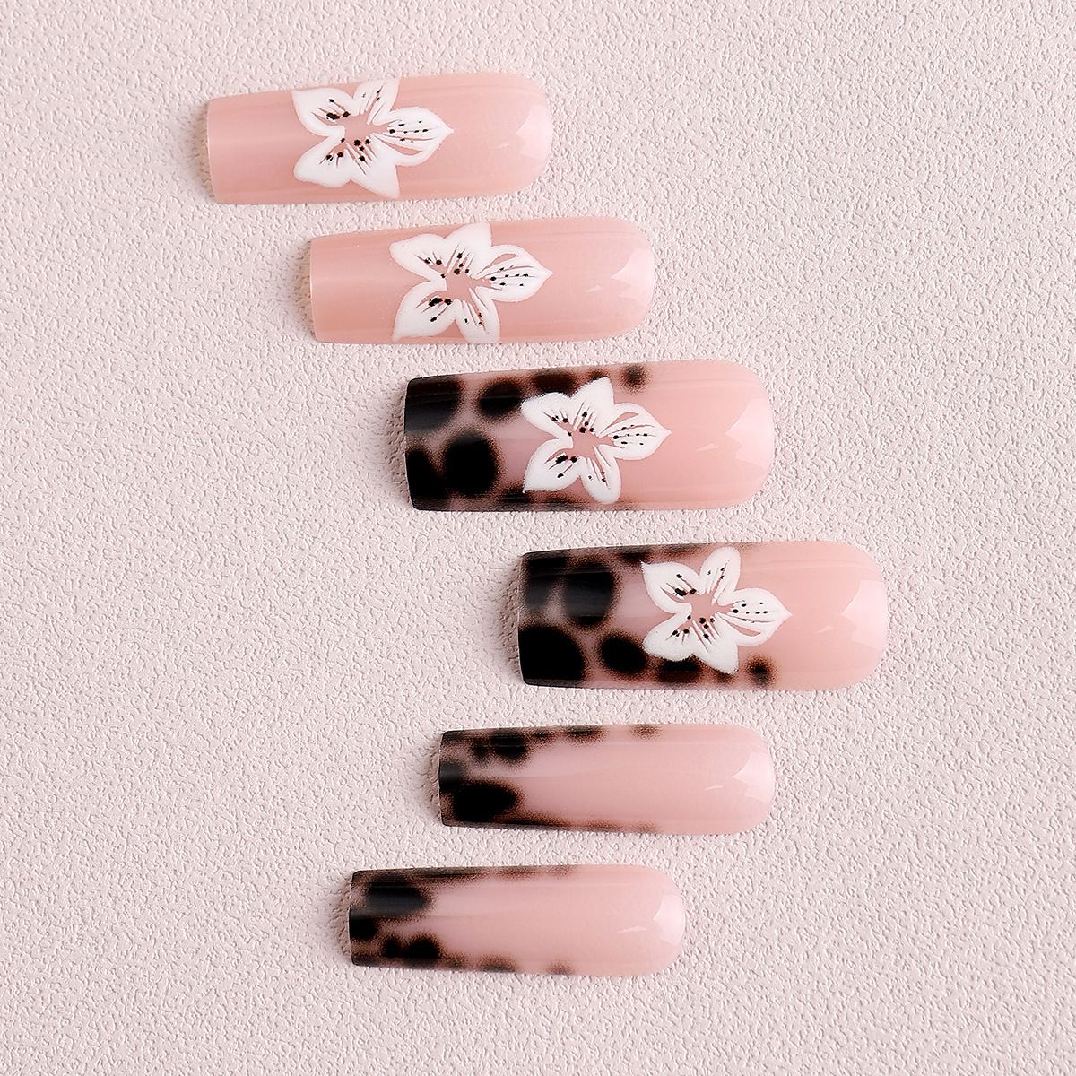 French Leopard Print 3D Flower Press-On Nails with Long Tube Accent