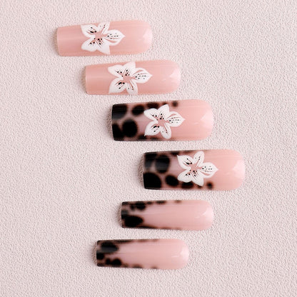 French Leopard Print 3D Flower Press-On Nails with Long Tube Accent