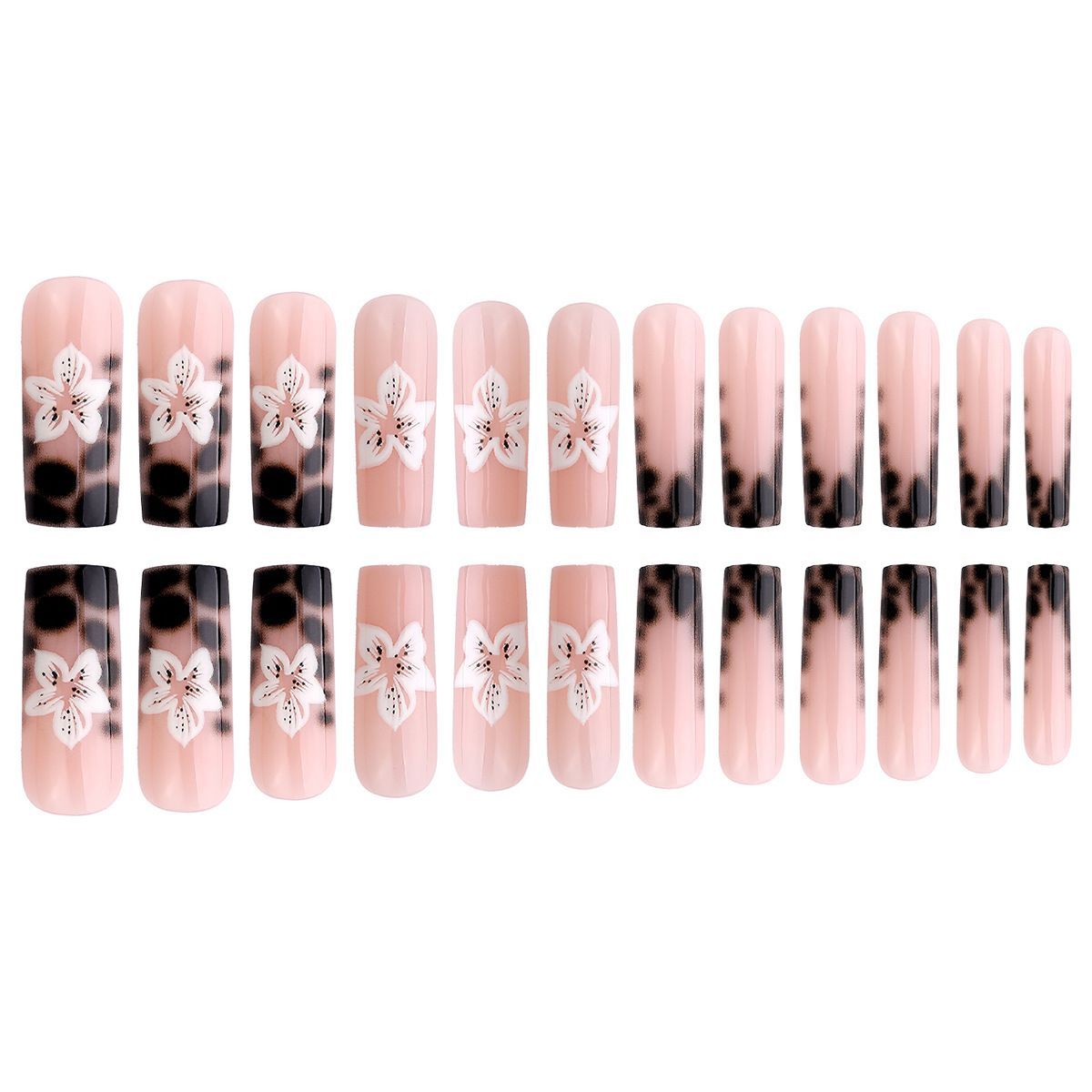 French Leopard Print 3D Flower Press-On Nails with Long Tube Accent