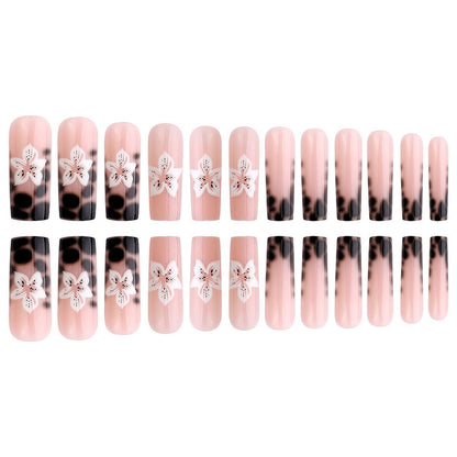 French Leopard Print 3D Flower Press-On Nails with Long Tube Accent