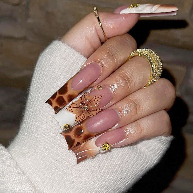 Brown Leopard Print 3D Resin Press-On Nails with Long Tube Accent