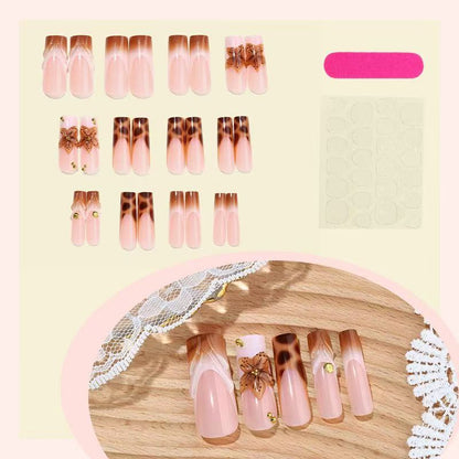 Brown Leopard Print 3D Resin Press-On Nails with Long Tube Accent