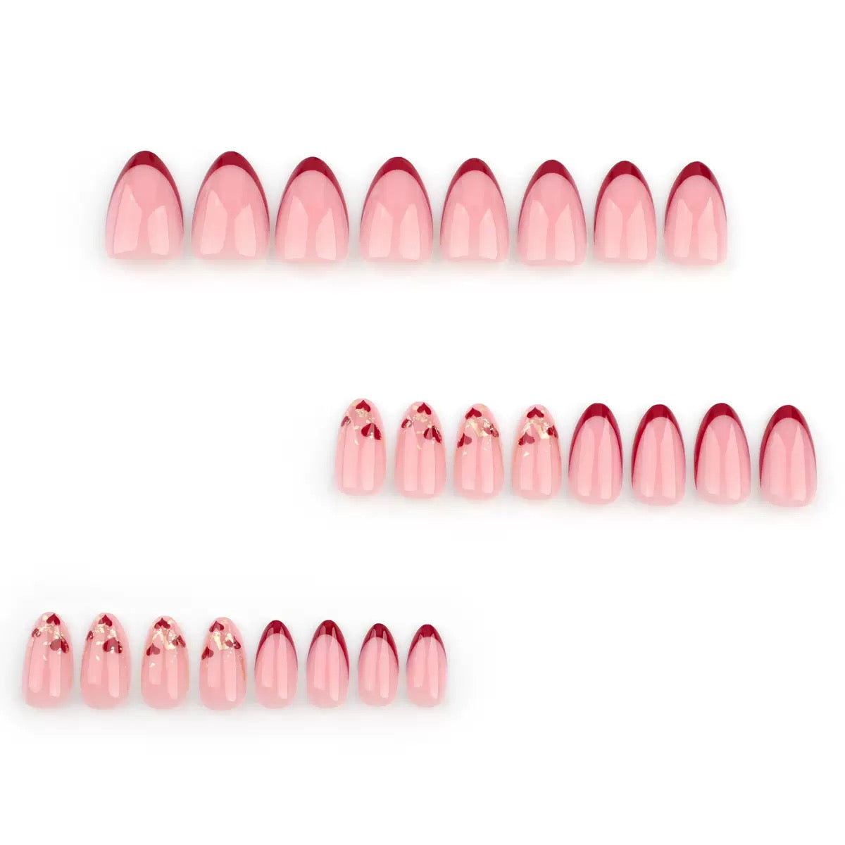 Valentine’s Day French Red Press-On Nails with Heart Glitter