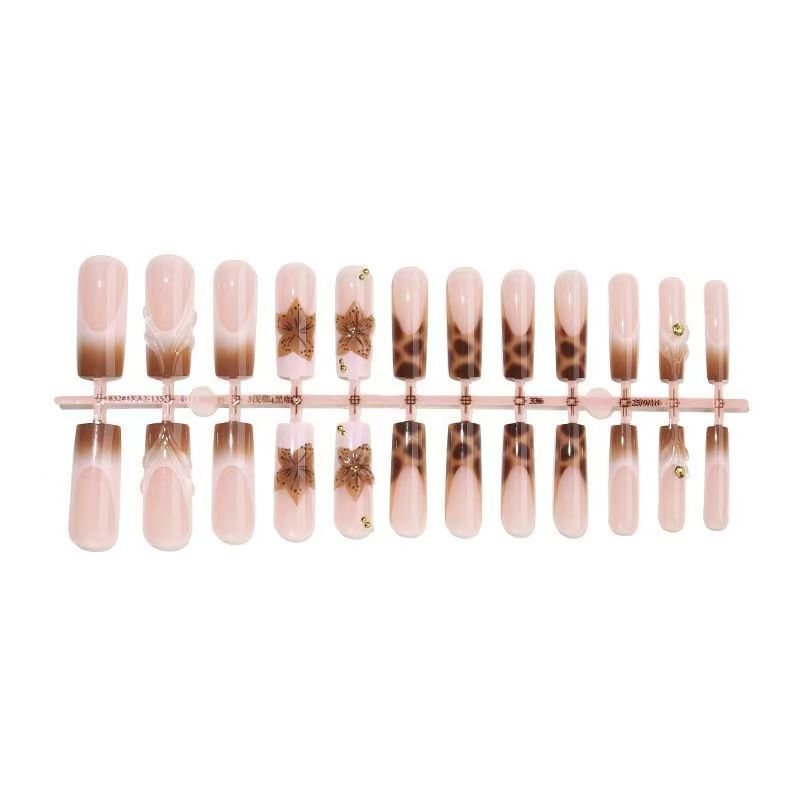 Brown Leopard Print 3D Resin Press-On Nails with Long Tube Accent
