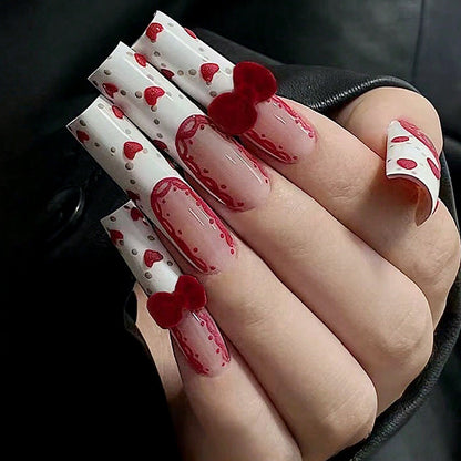 Valentine’s Day Cute Velvet Bow Long Press-On Nails