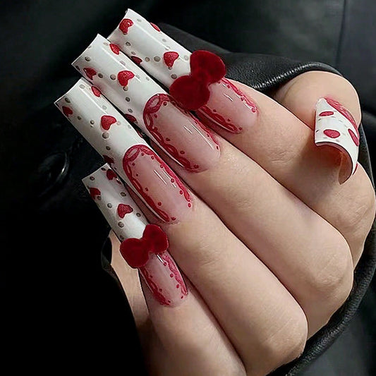 Valentine’s Day Cute Velvet Bow Long Press-On Nails