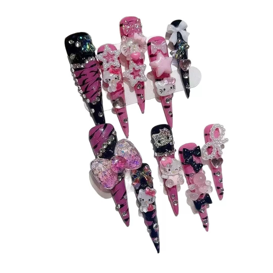 Extra-Long Stiletto Hand-Painted Zebra Print KT Trendy Girl Handmade Press-On Nails