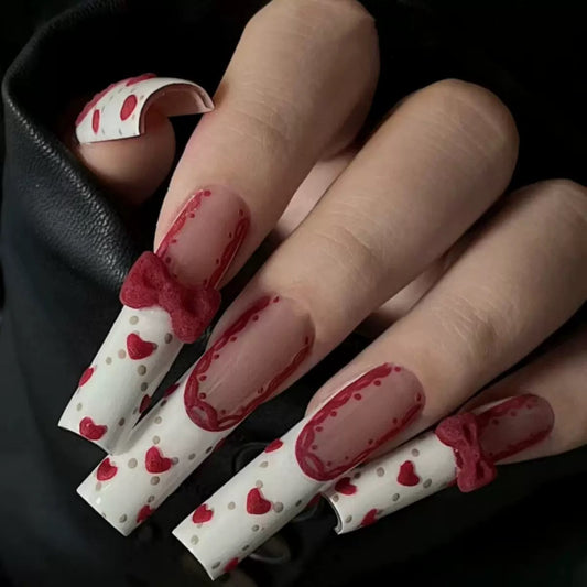 Valentine’s Day Cute Velvet Bow Long Press-On Nails