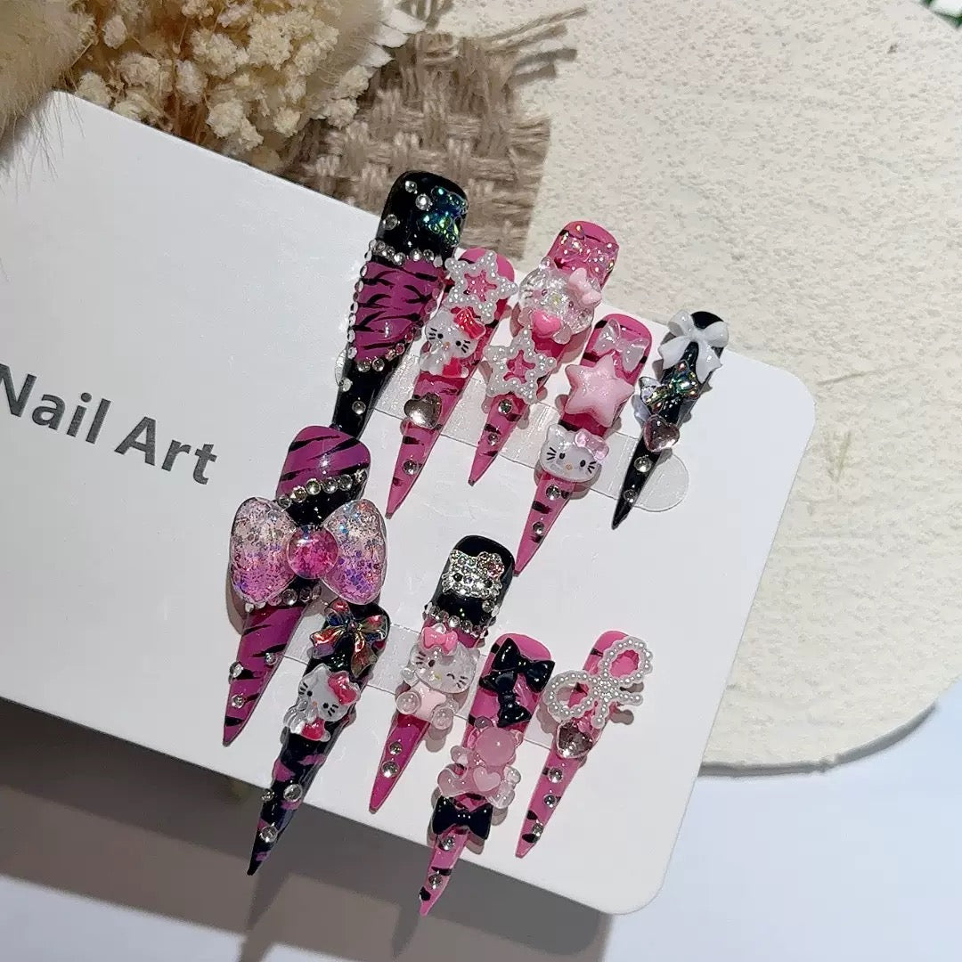 Extra-Long Stiletto Hand-Painted Zebra Print KT Trendy Girl Handmade Press-On Nails