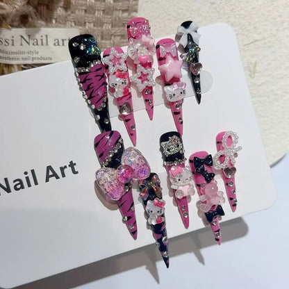 Extra-Long Stiletto Hand-Painted Zebra Print KT Trendy Girl Handmade Press-On Nails