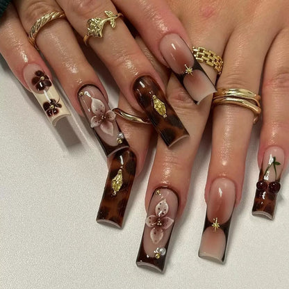 Vintage Brown Leopard Print 3D Flower Press-On Nails with Gold Foil & Pearl Accents