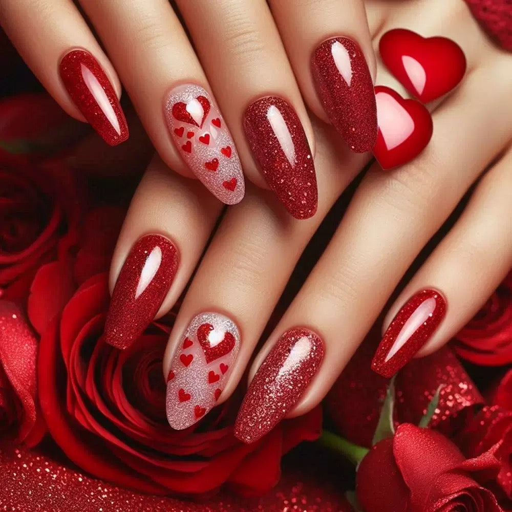 Valentine’s Day Red Simple Almond-Shaped Press-On Nails with Heart Glitter