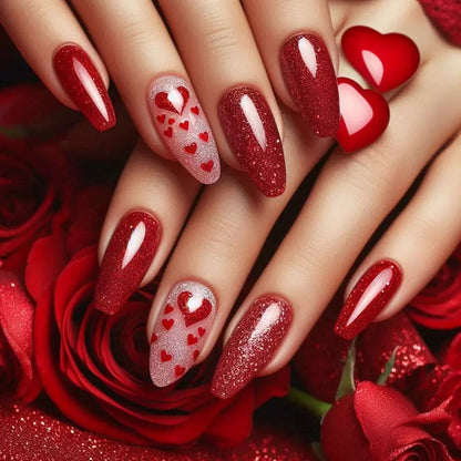 Valentine’s Day Red Simple Almond-Shaped Press-On Nails with Heart Glitter
