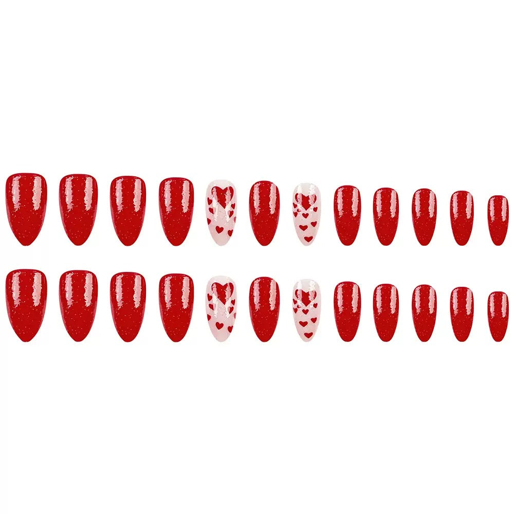 Valentine’s Day Red Simple Almond-Shaped Press-On Nails with Heart Glitter