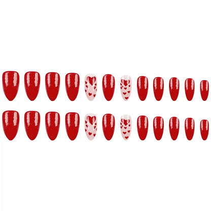 Valentine’s Day Red Simple Almond-Shaped Press-On Nails with Heart Glitter