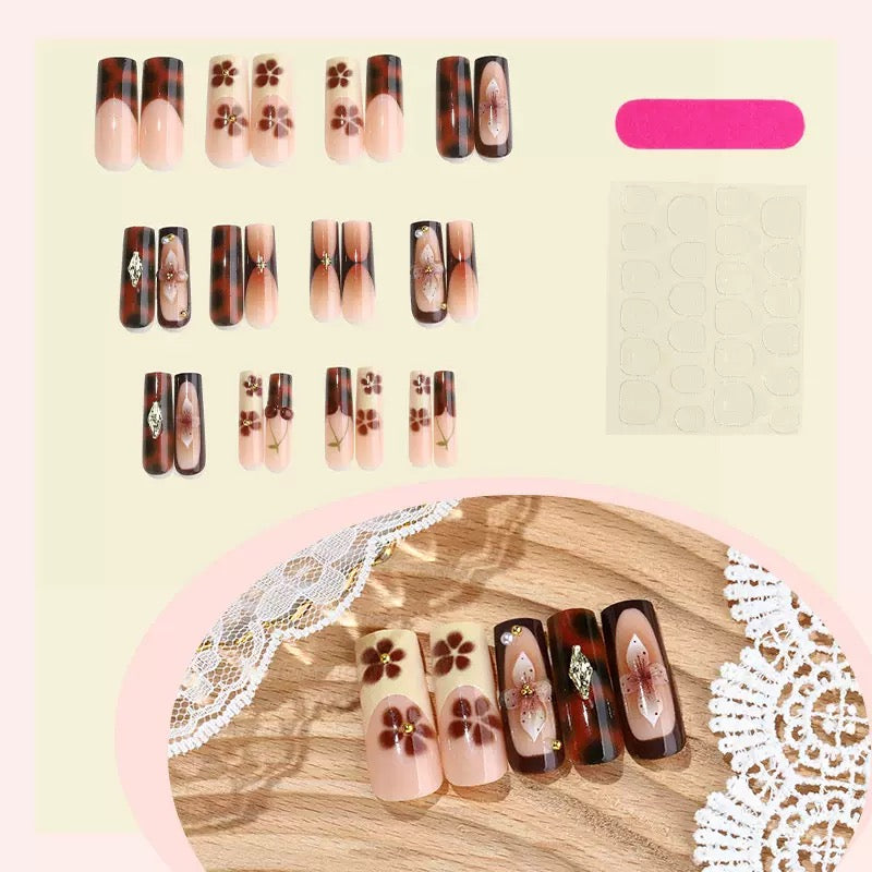 Vintage Brown Leopard Print 3D Flower Press-On Nails with Gold Foil & Pearl Accents