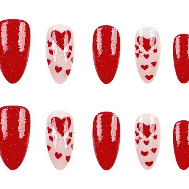 Valentine’s Day Red Simple Almond-Shaped Press-On Nails with Heart Glitter