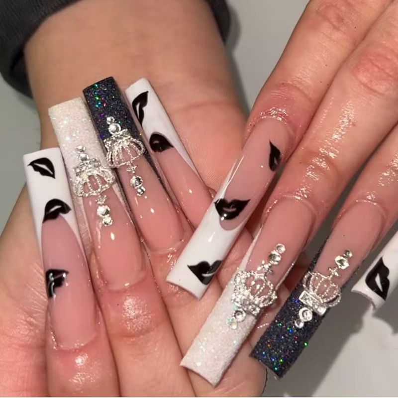 Long French Press-On Nails – Black & White Crown Design with Rhinestones, Hot-Selling