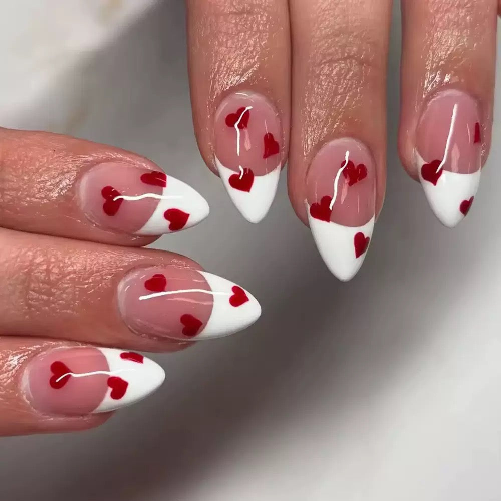 Valentine’s Day Heart Nude Pink & White French Press-On Nails