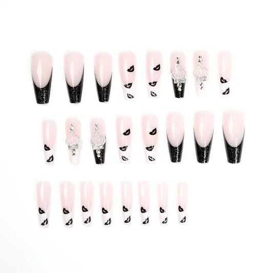 Long French Press-On Nails – Black & White Crown Design with Rhinestones, Hot-Selling