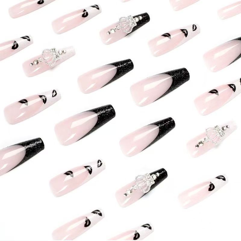 Long French Press-On Nails – Black & White Crown Design with Rhinestones, Hot-Selling