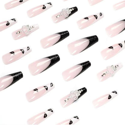 Long French Press-On Nails – Black & White Crown Design with Rhinestones, Hot-Selling