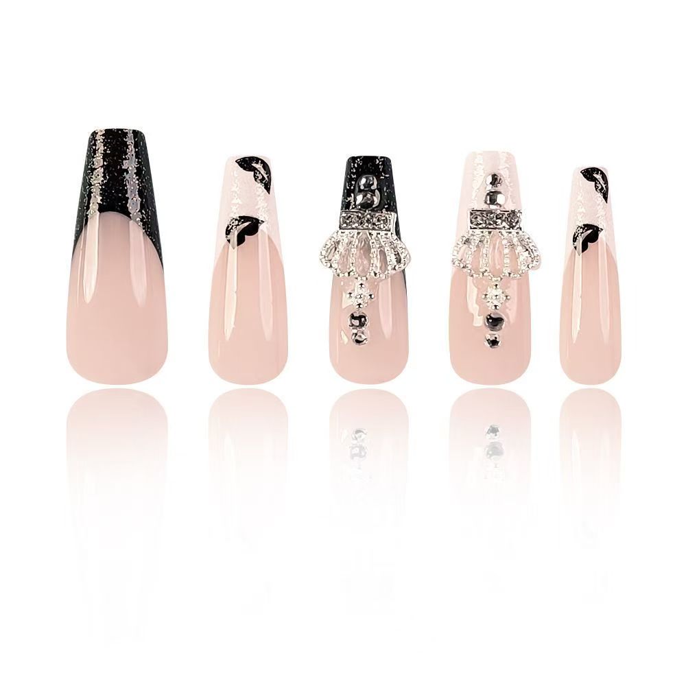 Long French Press-On Nails – Black & White Crown Design with Rhinestones, Hot-Selling