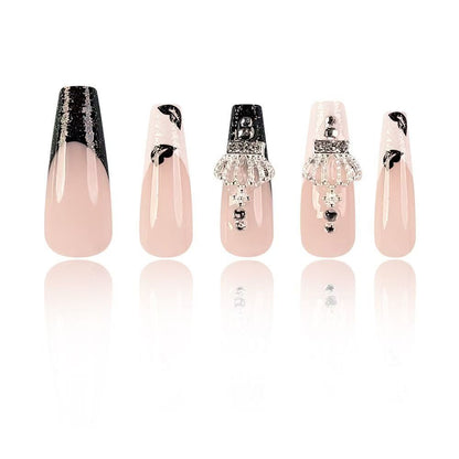 Long French Press-On Nails – Black & White Crown Design with Rhinestones, Hot-Selling