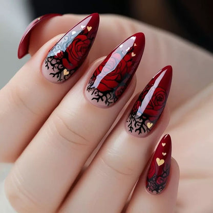 Valentine’s Day Vintage Wine Red Romantic Rose French Medium-Length Teardrop Pointed Press-On Nails