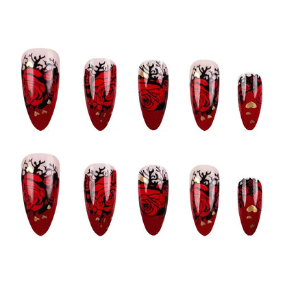 Valentine’s Day Vintage Wine Red Romantic Rose French Medium-Length Teardrop Pointed Press-On Nails