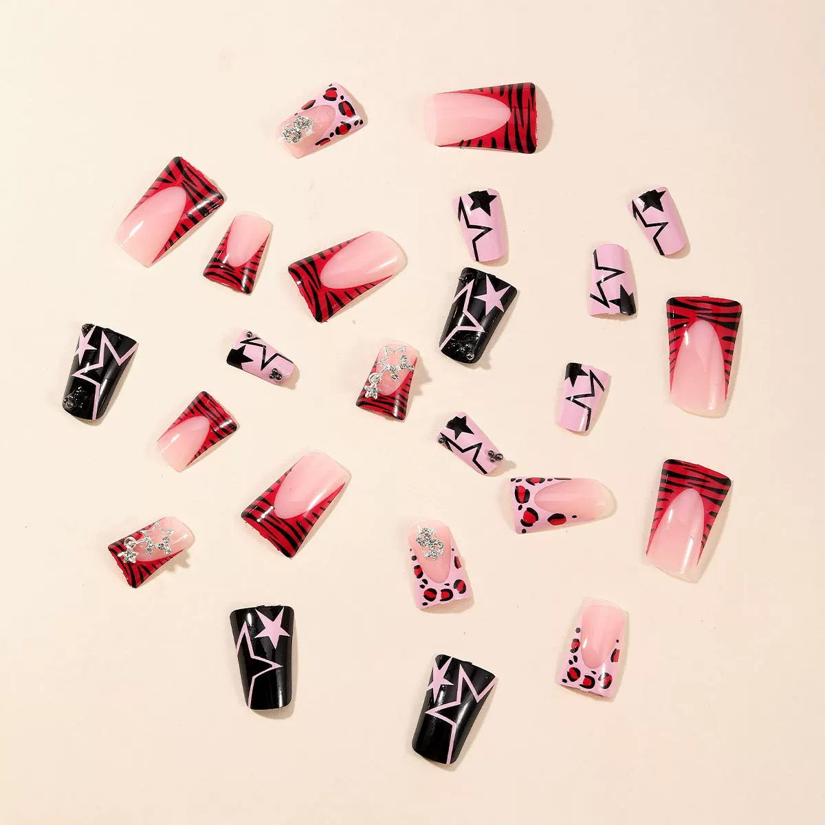 Platypus-Shaped Leopard Print French Tip with Star Pendant & Steel Beads, Detachable Press-On Nails