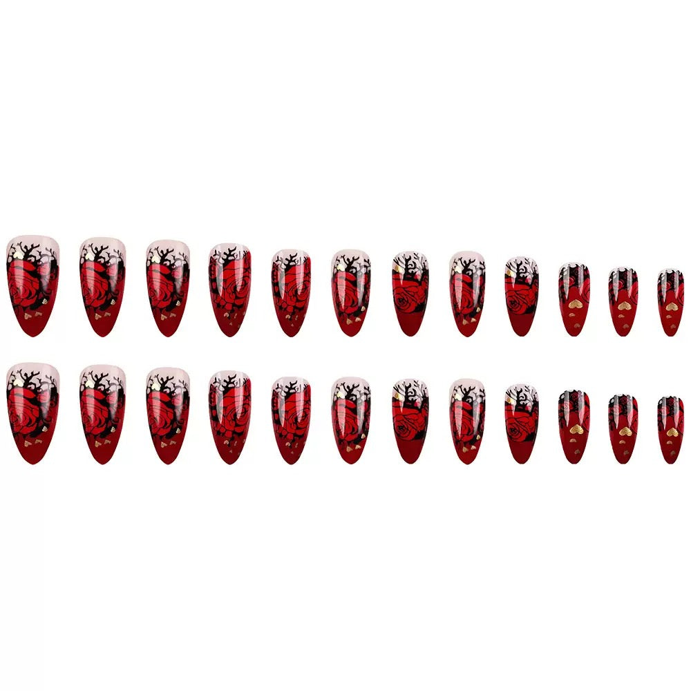 Valentine’s Day Vintage Wine Red Romantic Rose French Medium-Length Teardrop Pointed Press-On Nails