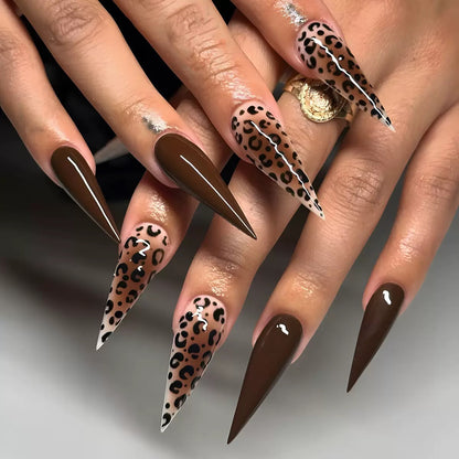 Maillard Leopard Print Detachable Long Stiletto Press-On Nails