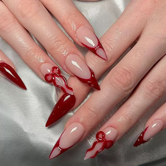 Red French 3D Bow Ripple Detachable Press-On Nails