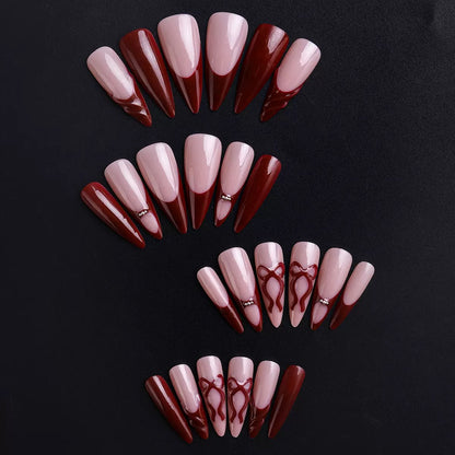 Red French 3D Bow Ripple Detachable Press-On Nails