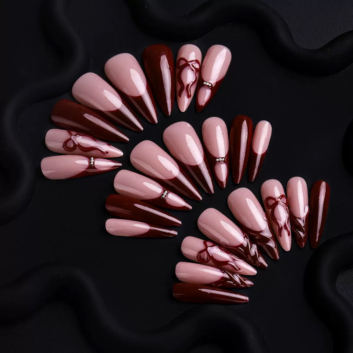 Red French 3D Bow Ripple Detachable Press-On Nails