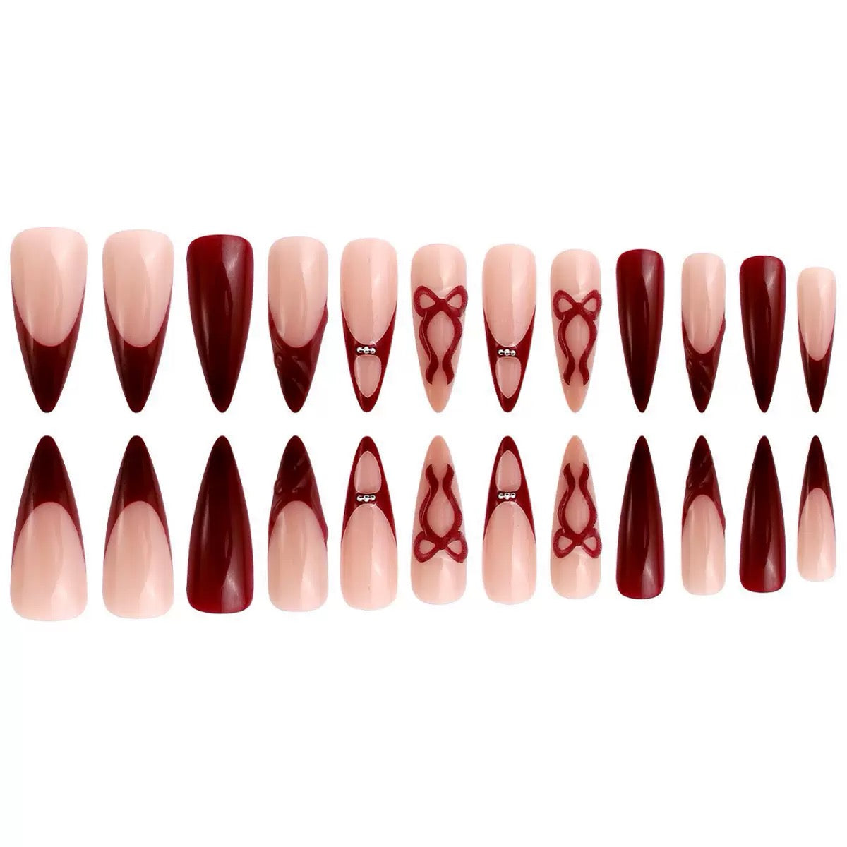 Red French 3D Bow Ripple Detachable Press-On Nails