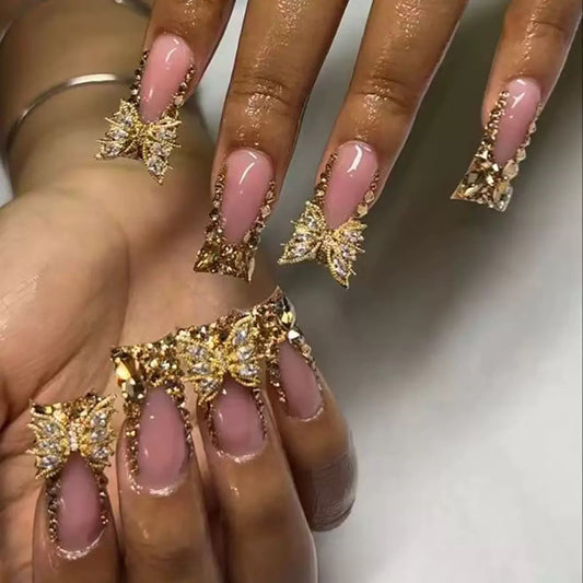 French-Style Platypus-Shaped Gold Crushed Crystal Butterfly Press-On Nails