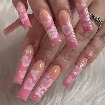 Valentine’s Day Pastel Pink Heart & Six-Pointed Star Detachable Press-On Nails