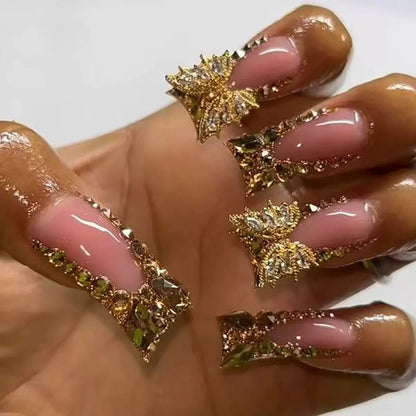 French-Style Platypus-Shaped Gold Crushed Crystal Butterfly Press-On Nails