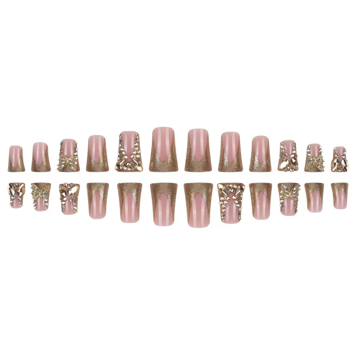French-Style Platypus-Shaped Gold Crushed Crystal Butterfly Press-On Nails