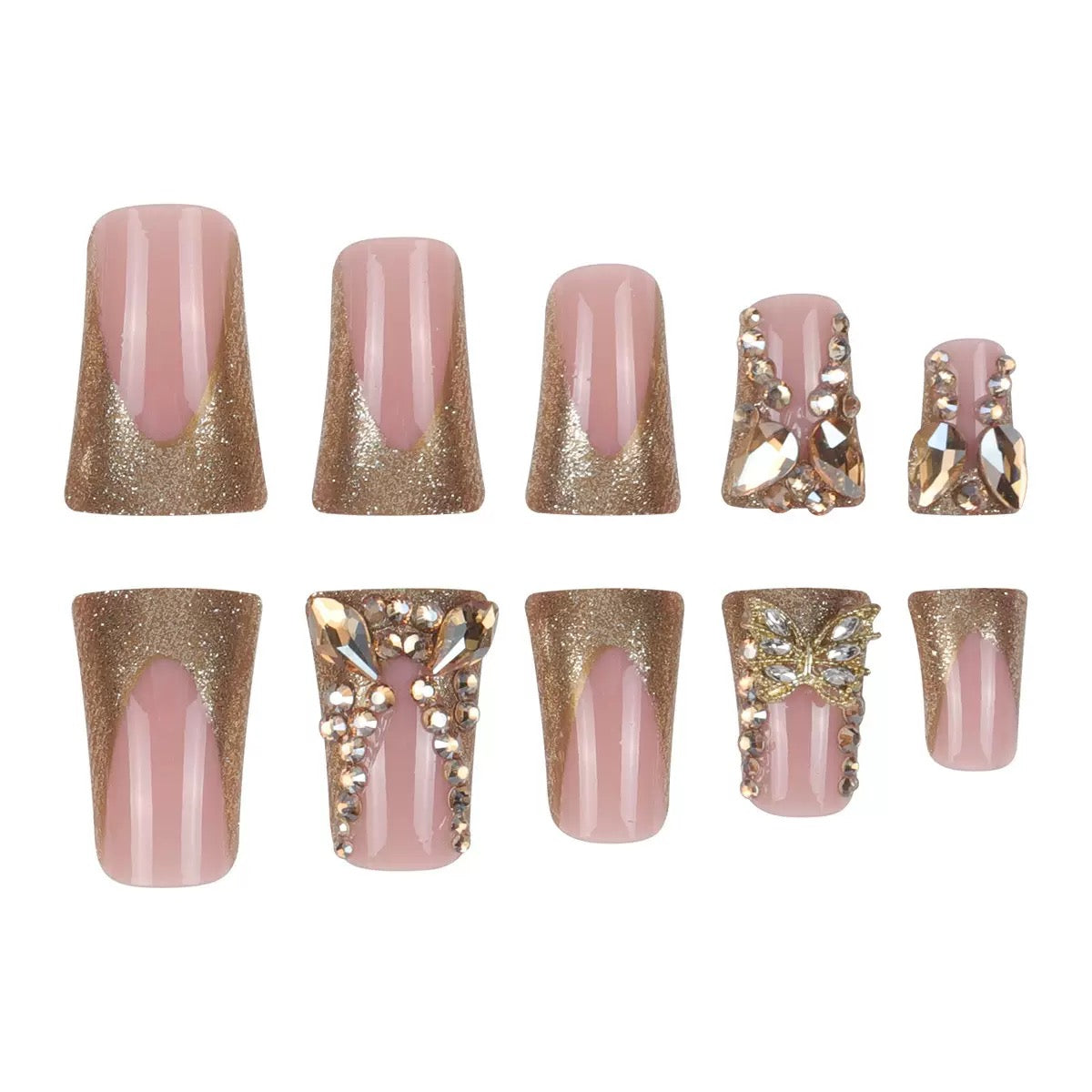 French-Style Platypus-Shaped Gold Crushed Crystal Butterfly Press-On Nails