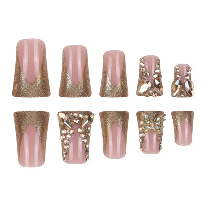 French-Style Platypus-Shaped Gold Crushed Crystal Butterfly Press-On Nails