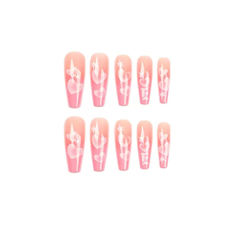 Valentine’s Day Pastel Pink Heart & Six-Pointed Star Detachable Press-On Nails