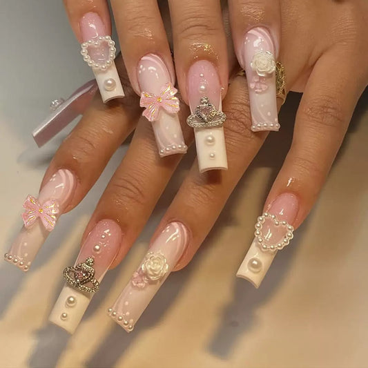 Valentine’s Day Pink Bow White Camellia Pearl Heart French Press-On Nails