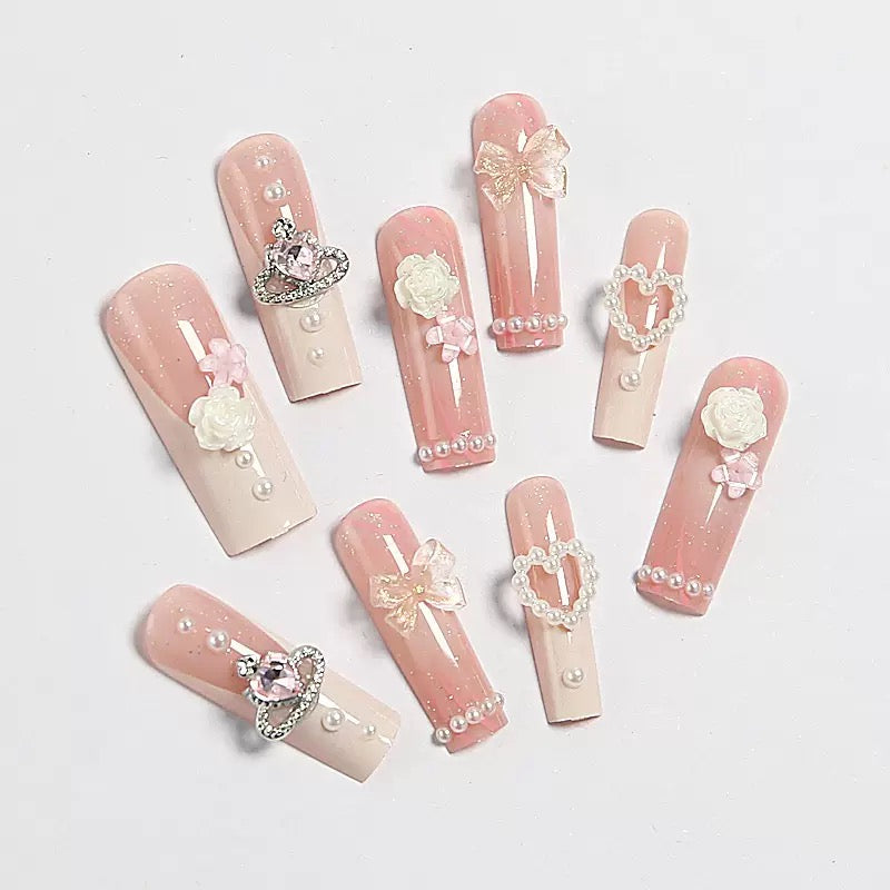 Valentine’s Day Pink Bow White Camellia Pearl Heart French Press-On Nails