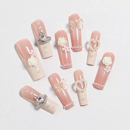 Valentine’s Day Pink Bow White Camellia Pearl Heart French Press-On Nails