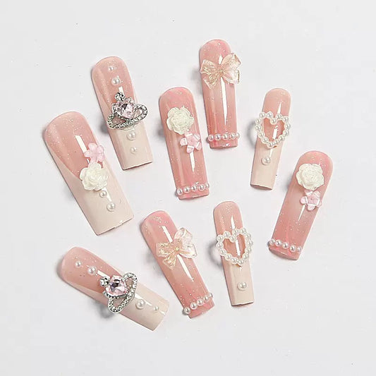 Valentine’s Day Pink Bow White Camellia Pearl Heart French Press-On Nails