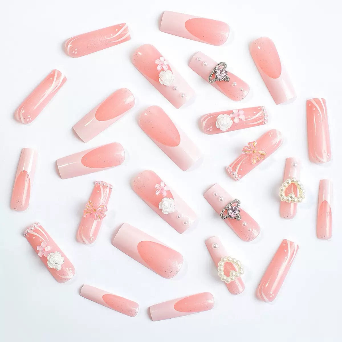 Valentine’s Day Pink Bow White Camellia Pearl Heart French Press-On Nails