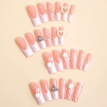 Valentine’s Day Pink Bow White Camellia Pearl Heart French Press-On Nails
